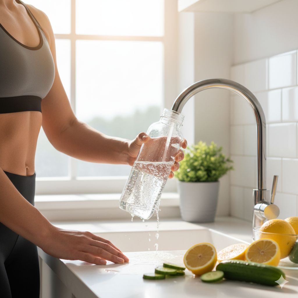 Clear glass of water on a bright kitchen counter representing daily hydration awareness